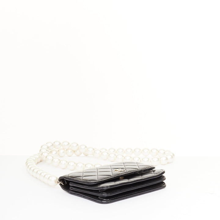 CHANEL 2020 Maxi Pearls black quilted lambskin gold hardware wallet on chain bag