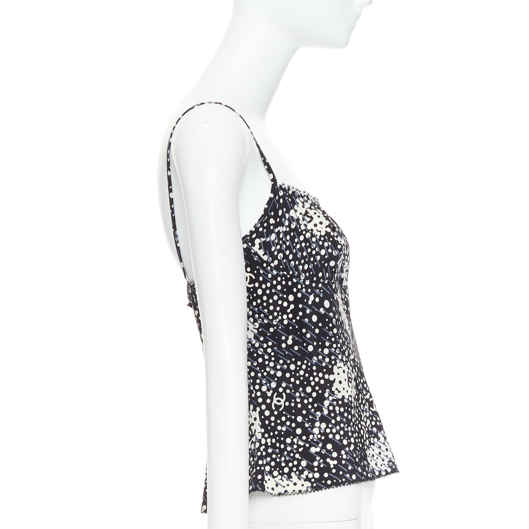 CHANEL 02A 100% silk CC logo polka dot pearl trim camisole FR40 S