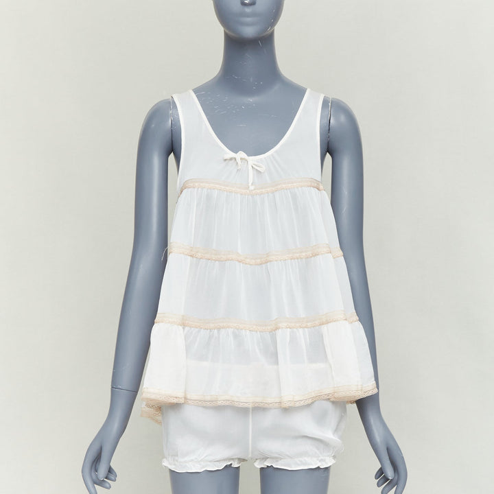 KIKI DE MONTPARNASSE silk cream babydoll bow tiered bloomer nightwear set M