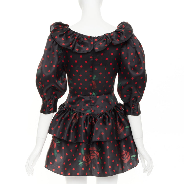 ALESSANDRA RICH 2019 Polka Dot Rose Print silk ruffled puff sleeve dress IT38 XS