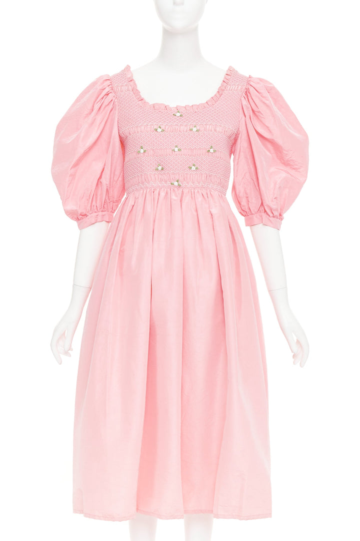 MIU MIU 2020 pink silk white flower embroidered smocked Cottage dress IT40 S