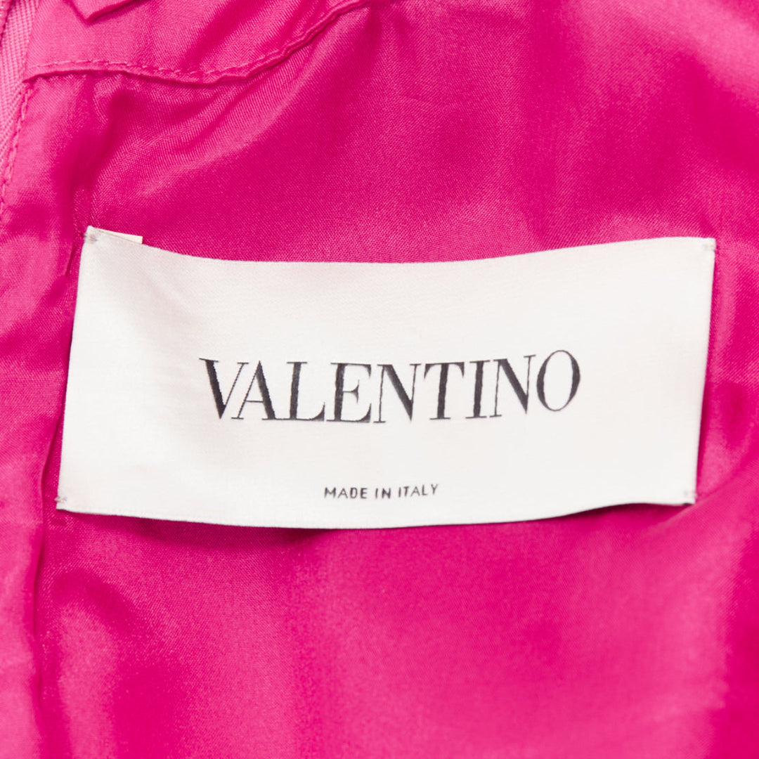 VALENTINO fuchsia pink gold satin flower trimmed collar pleated fit flare dress