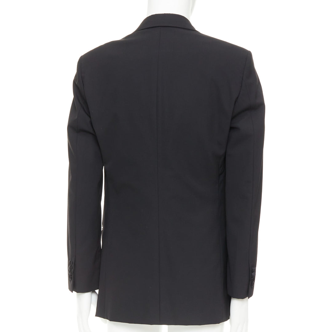 HERMES black wool blend satin peak lapel logo silk lined tuxedo blazer EU50 L