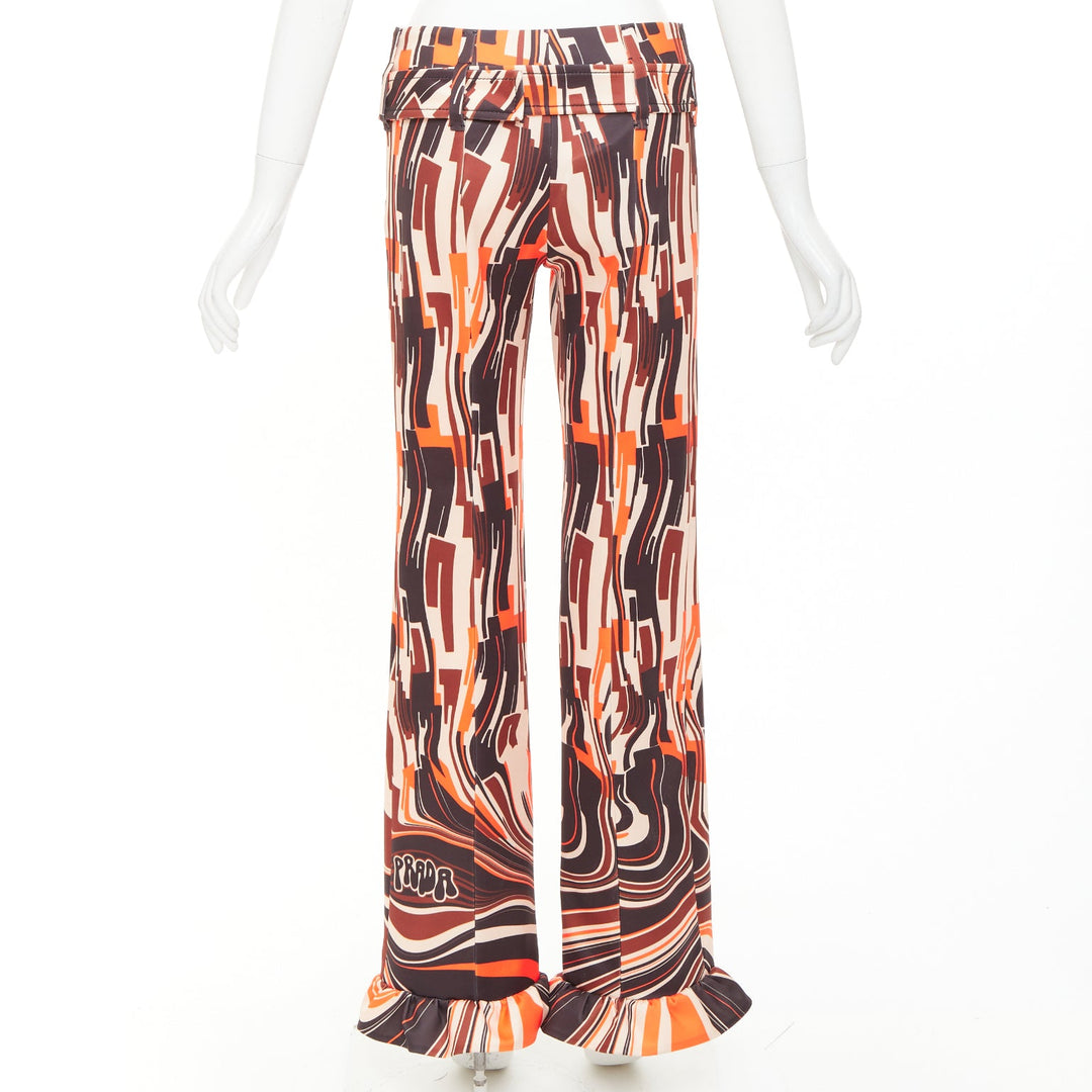 PRADA 2019 Runway orange black geometric swirl belted ruffled hem pants IT38 XS
