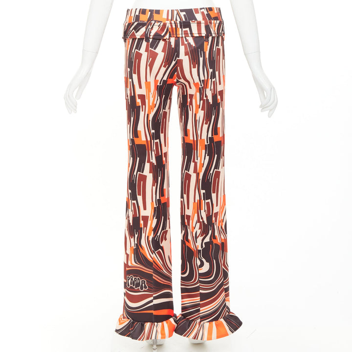 PRADA 2019 Runway orange black geometric swirl belted ruffled hem pants IT38 XS