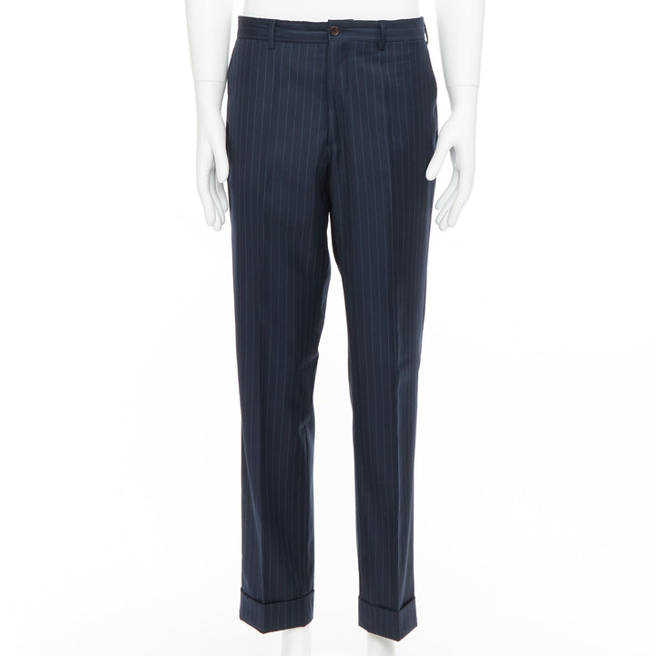 ETRO navy pinstripe 100% wool single breasted cropped blazer jacket IT50 L