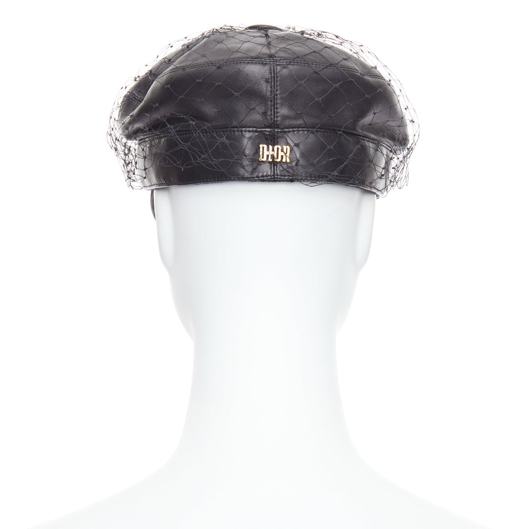 DIOR Arty black soft leather mesh veil CD bee lined newsboy hat