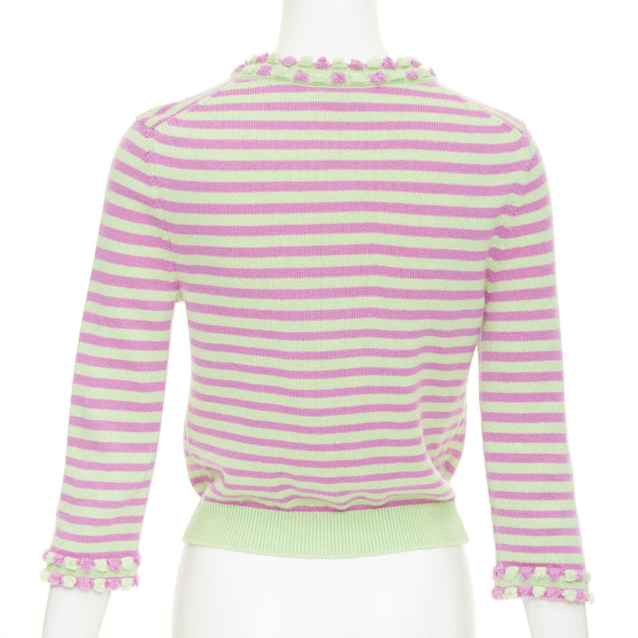 CHANEL 2025 Runway cashmere pink green striped swallow crystal cardigan FR36