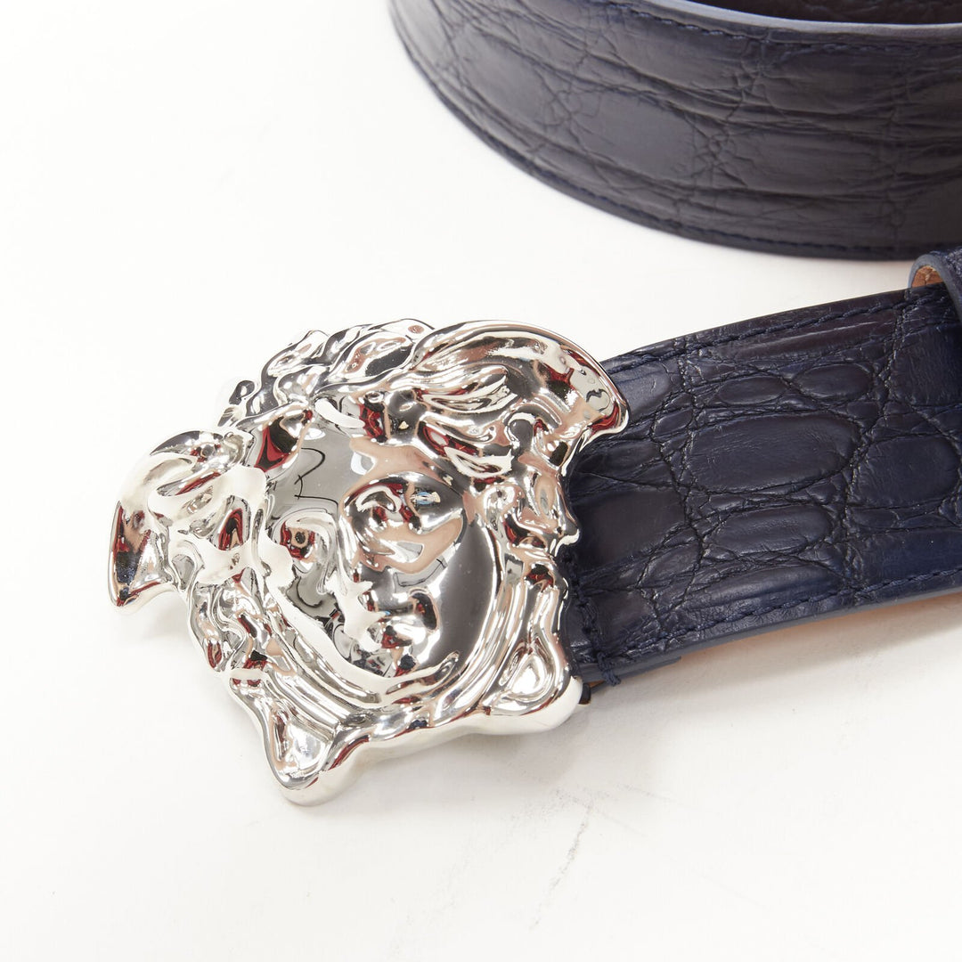 VERSACE $1200 La Medusa silver buckle blue scaled leather belt 80cm 30-34"