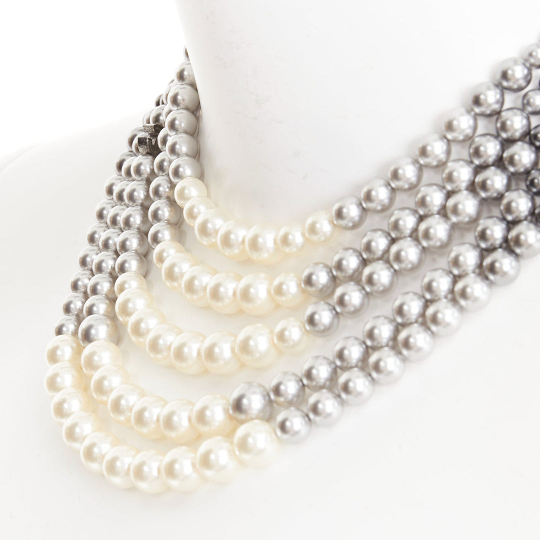 CHANEL 13B black white grey ombre CC multi-strand resin pearl collar necklace