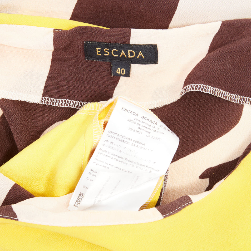 ESCADA Vintage abstract print yellow brown cream ruffle silk mini dress FR40 M