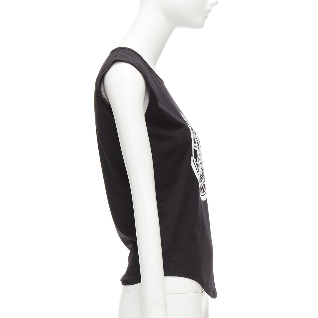 BALMAIN black cotton crest logo silver button shoulder tank top vest FR34 XS
