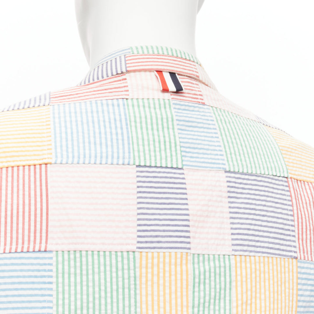 THOM BROWNE colourful stripes patchwork seersucker 2 button blazer jacket Sz 2 M