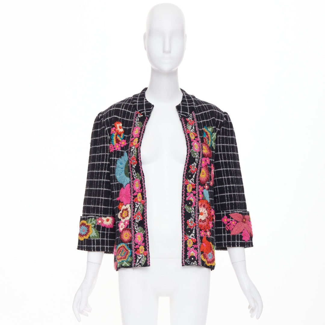 KENZO 2008 Vintage black white grid check wool floral embroidered jacket L