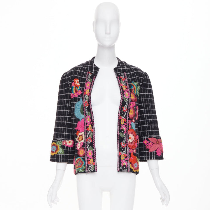 KENZO 2008 Vintage black white grid check wool floral embroidered jacket L