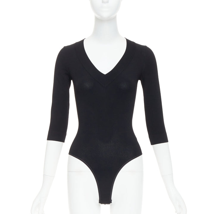 ALAIA black viscose blend V-neck bodysuit t-shirt leotard top FR36 S