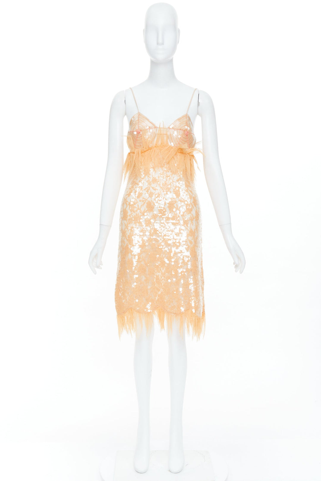 rare BOTTEGA VENETA 2022 Runway nude sequin nipple feather slip dress IT36 XXS