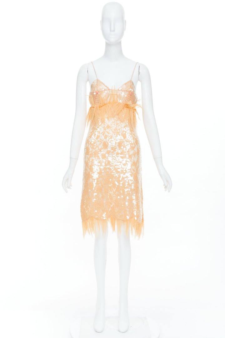 rare BOTTEGA VENETA 2022 Runway nude sequin nipple feather slip dress IT36 XXS