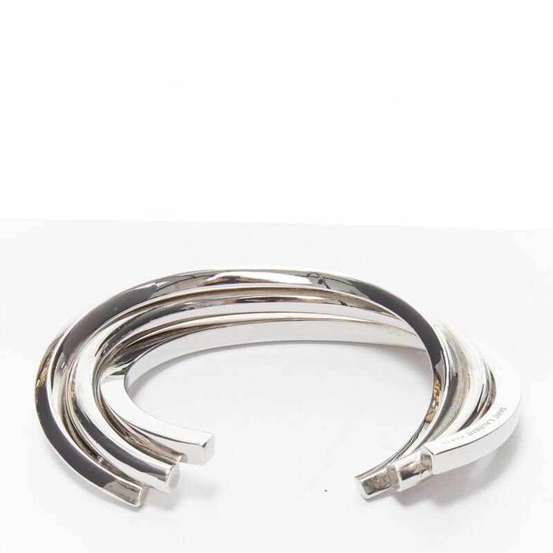 SAINT LAURENT Hedi Slimane silver brass architectural triple twist cuff bracelet