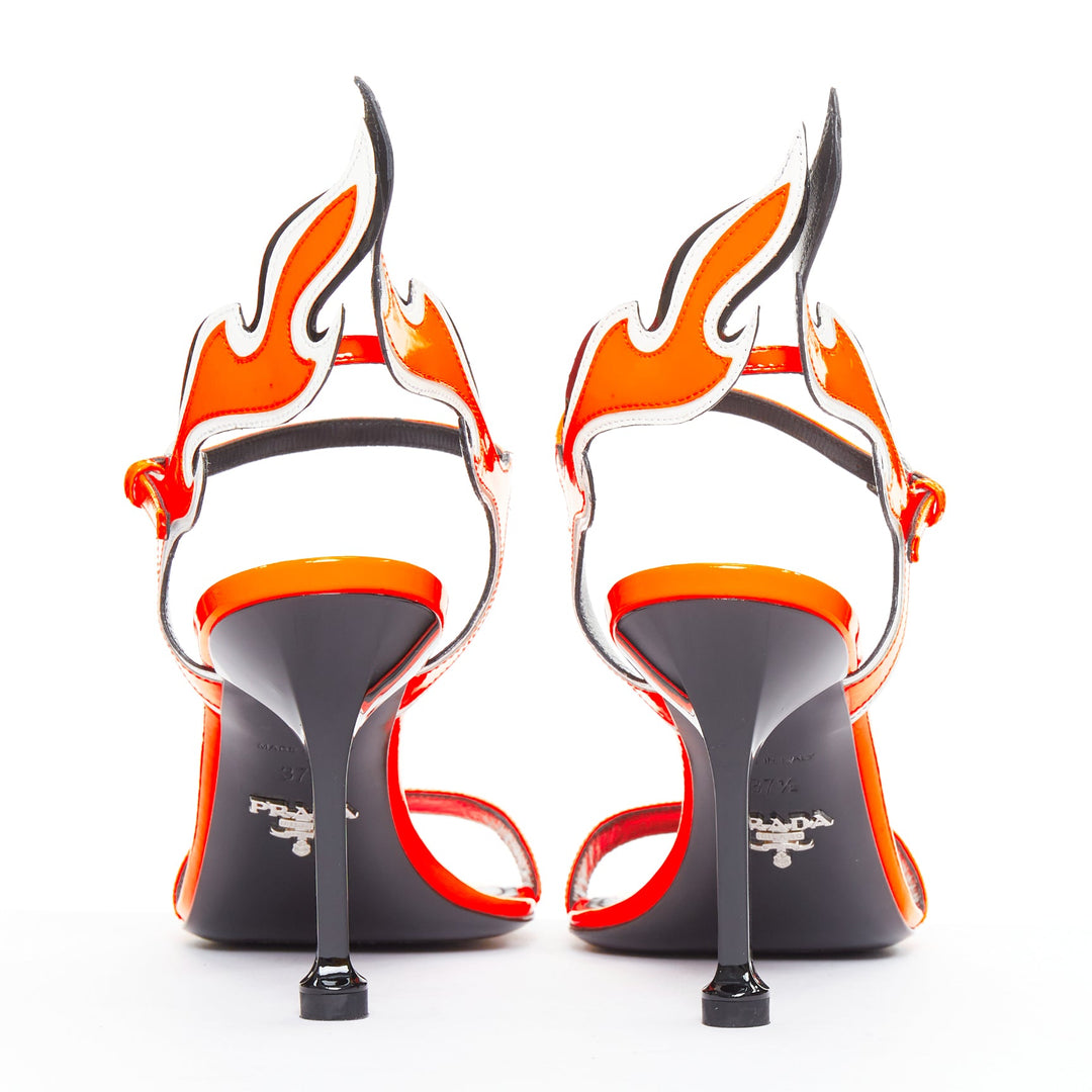 PRADA 2018 Flame fluo bright orange white patent Fire mid heel sandal EU36.5