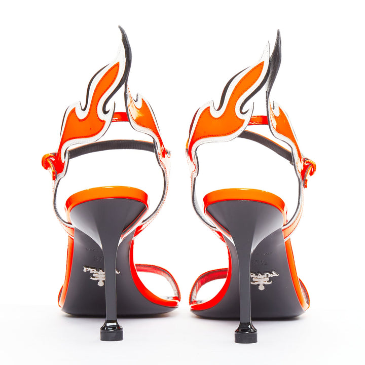 PRADA 2018 Flame fluo bright orange white patent Fire mid heel sandal EU36.5