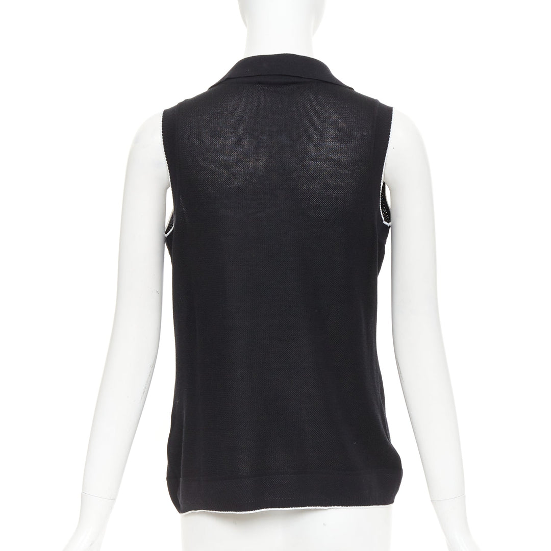 CHANEL 2001 Vintage black CC logo sleeveless white trim knit polo top FR40 L