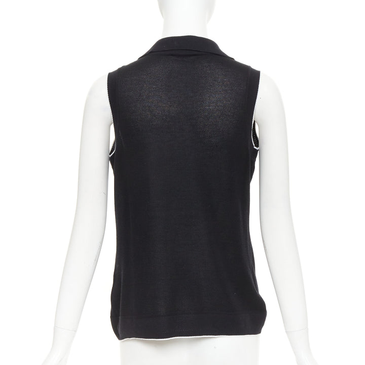 CHANEL 2001 Vintage black CC logo sleeveless white trim knit polo top FR40 L