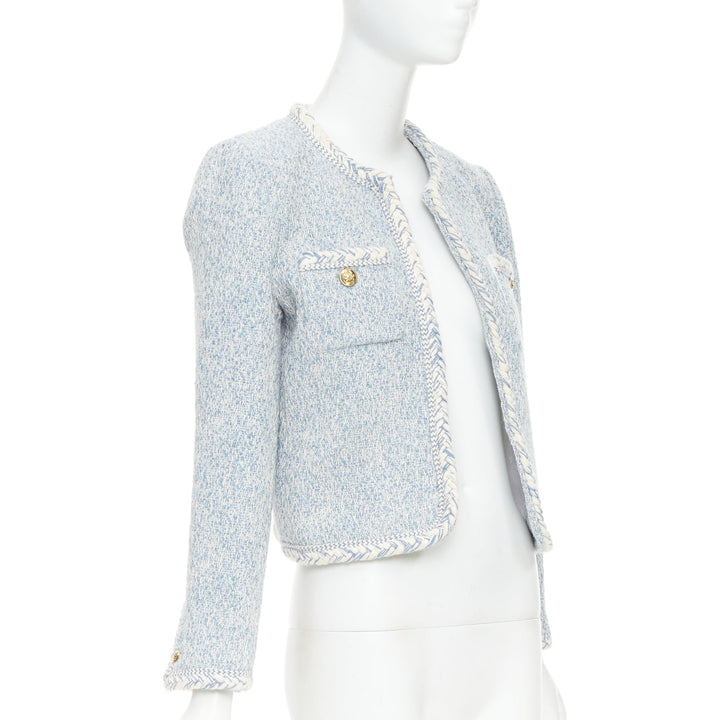 CELINE 2023 baby blue white wool cotton boucle tweed trim jacket FR36 S