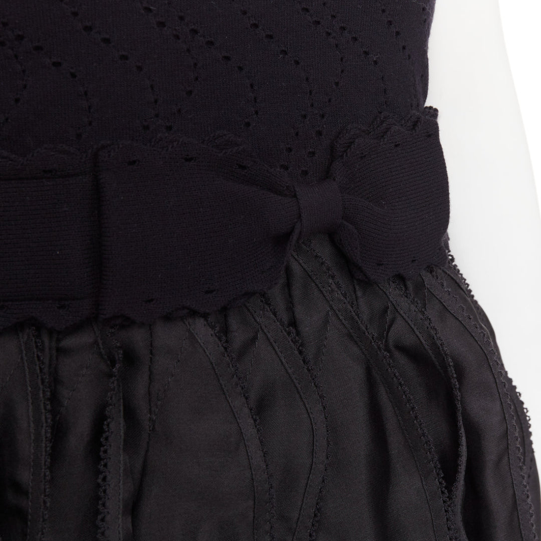 ADAM JONES Vintage black pointelle knit bow cascade ruffle babydoll dress IT38