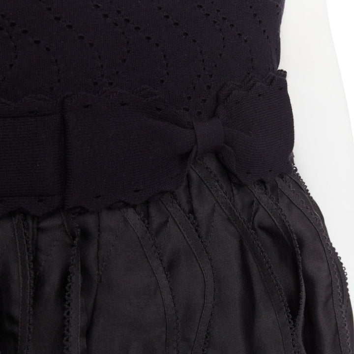 ADAM JONES Vintage black pointelle knit bow cascade ruffle babydoll dress IT38