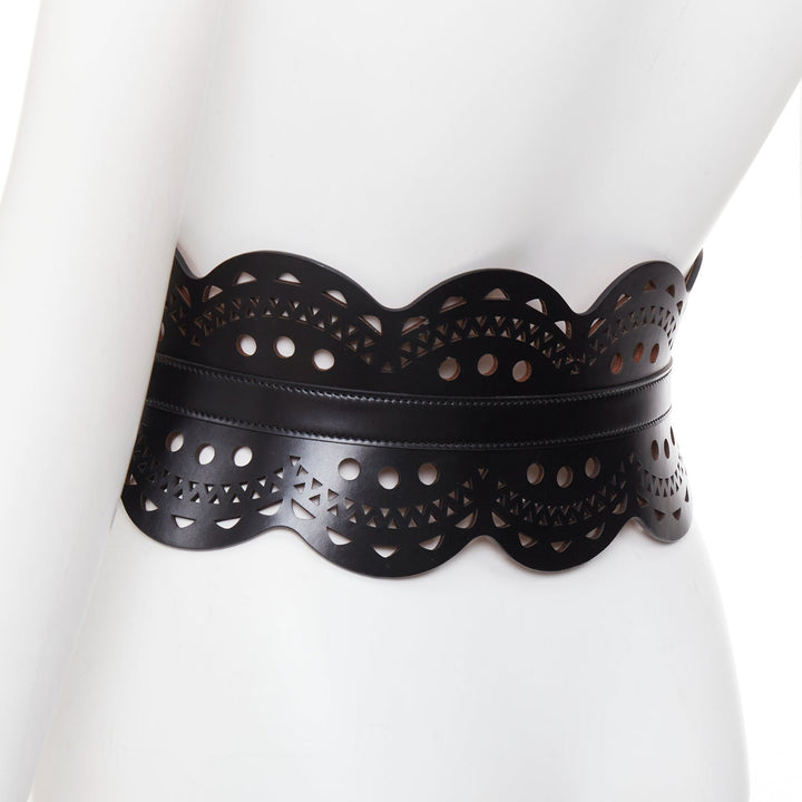 ALAIA black leather laser cut out scalloped wide statement corset belt 65cm