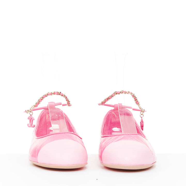 CHANEL 2022 pink crinkled leather cap toe ankle chain CC charm ballet flats EU36