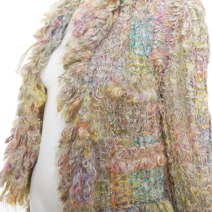 rare CHANEL 03A Runway multicolor fluffy mohair boucle tweed jacket FR42 XL