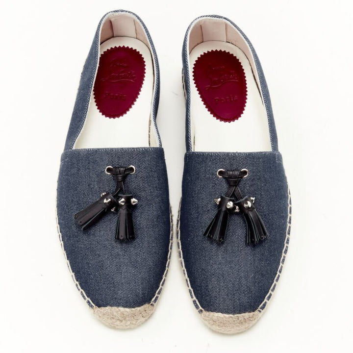 CHRISTIAN LOUBOUTIN Papiougomme blue denim stud tassel espadrille shoes EU42