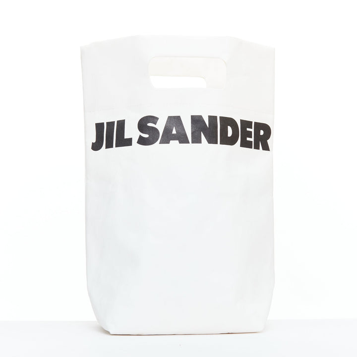 JIL SANDER cream black laminated paper logo crossbody tote bag