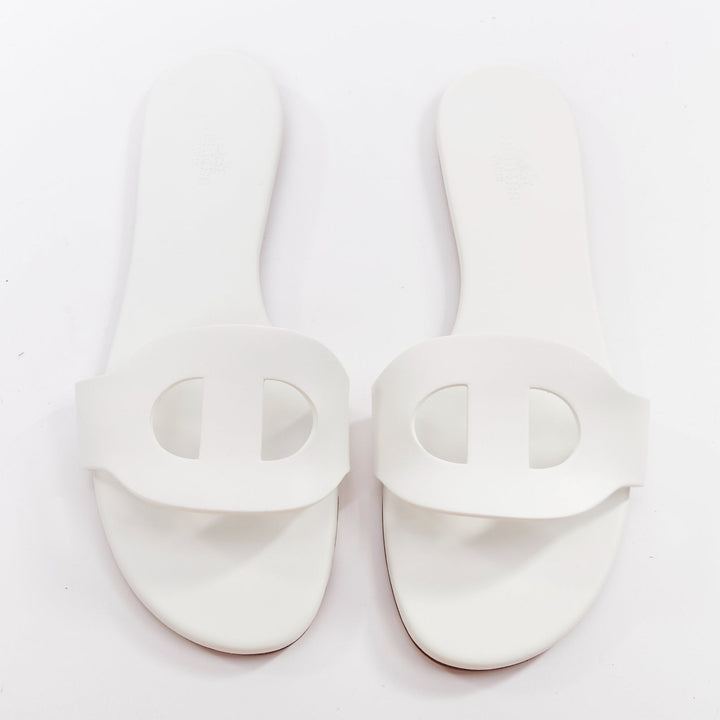 HERMES Lisboa Chaine d'Ancre white leather cut out flat sandal slippers EU37.5