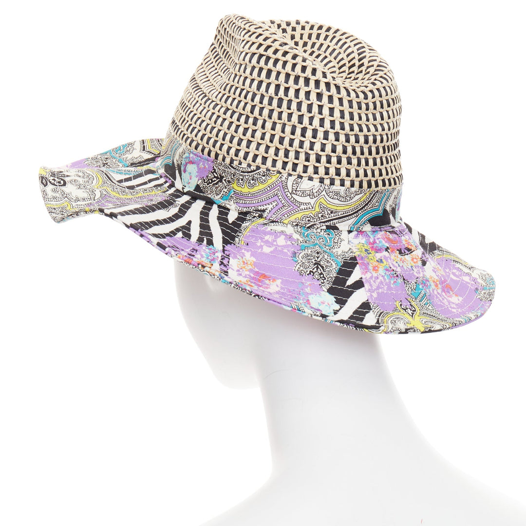 ETRO purple cotton blend paisley print beige raffia jute floppy hat S