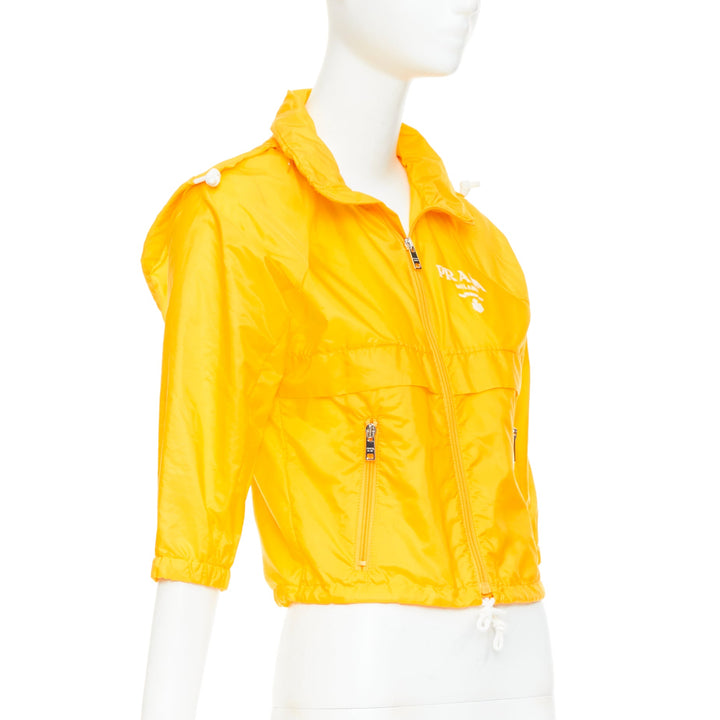 PRADA 2021 Re-nylon citron yellow white logo cropped jacket windbreaker IT38 XS