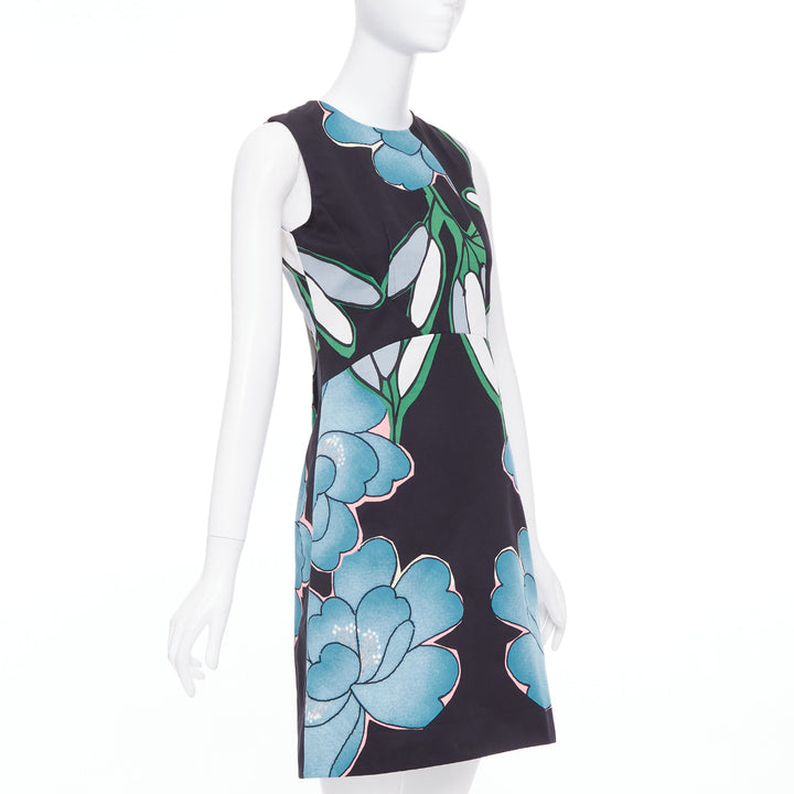 MARNI blue black cotton linen large flower print shift dress IT38 XS
