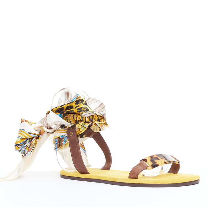 AVEC MODERATION yellow cream silky scarf tie acrylic flat sandals EU37