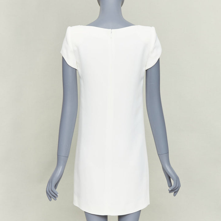 SAINT LAURENT 2012 cream crepe padded shoulder bateau neck mini dress FR34 XS