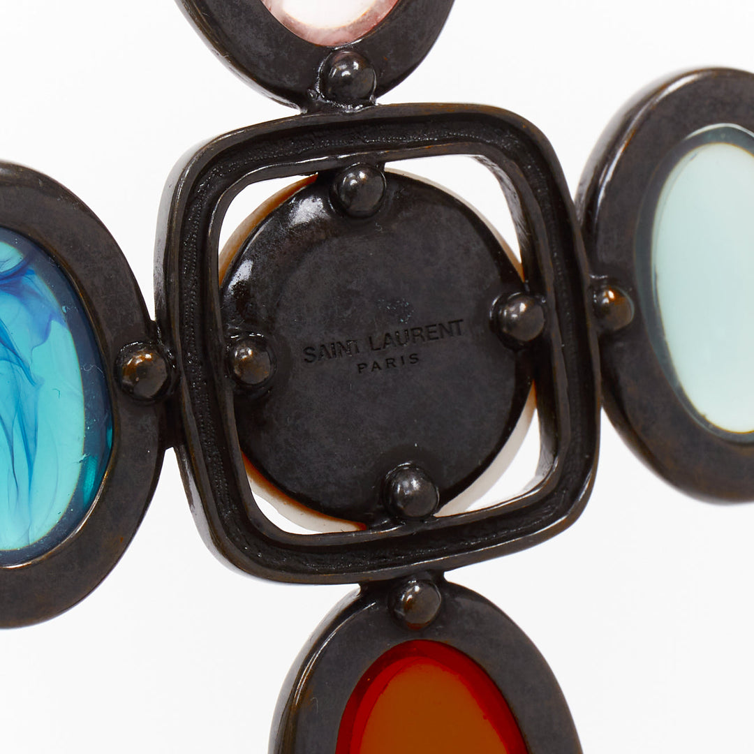 rare SAINT LAURENT Runway Resin Cabochon Cross aged bronze clip earrings Pair