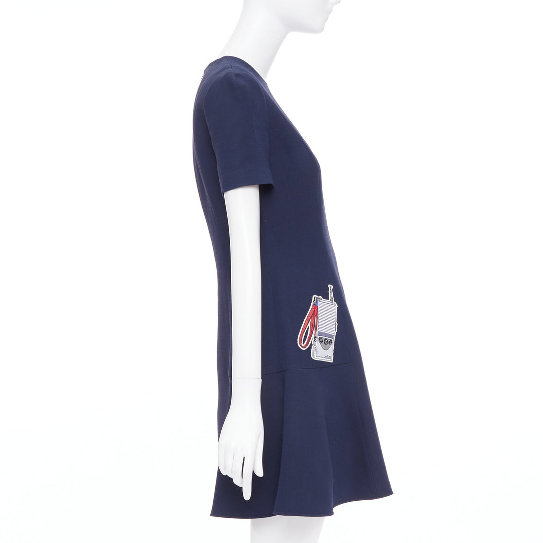 LOUIS VUITTON 2018 navy wool silk electronics embroidered patched dress FR38 M