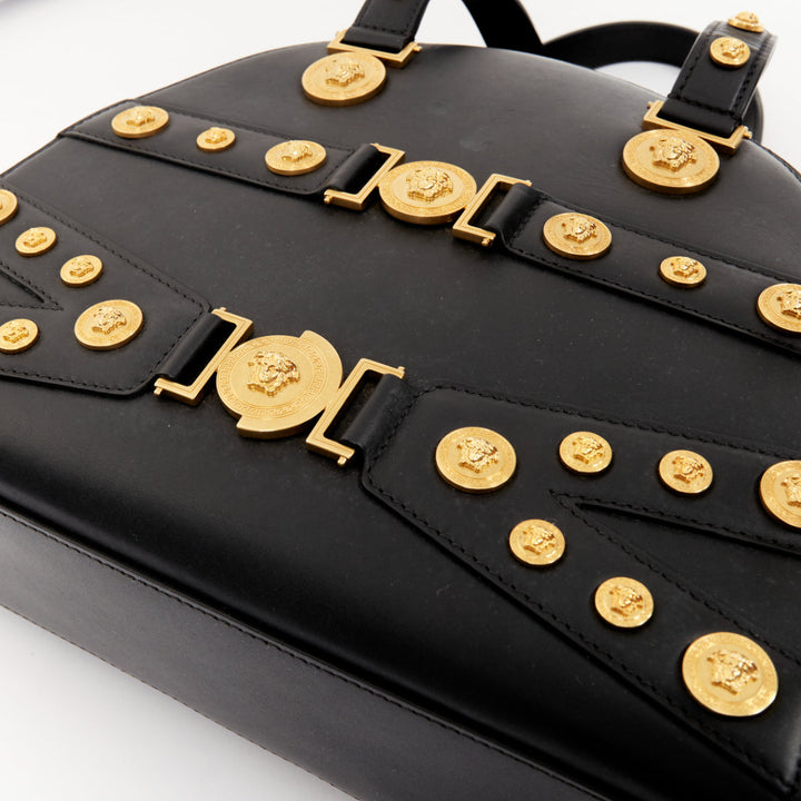VERSACE 2018 Runway Tribute Medallion bondage black leather bowling bag