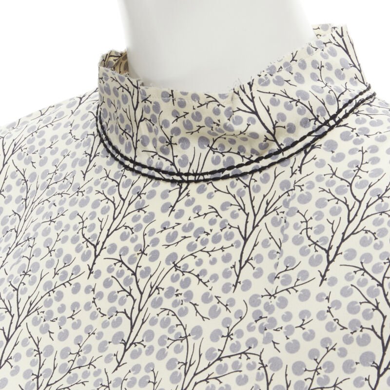 MARNI pastel yellow grey tree illustration print silk high collar  top IT38 XS