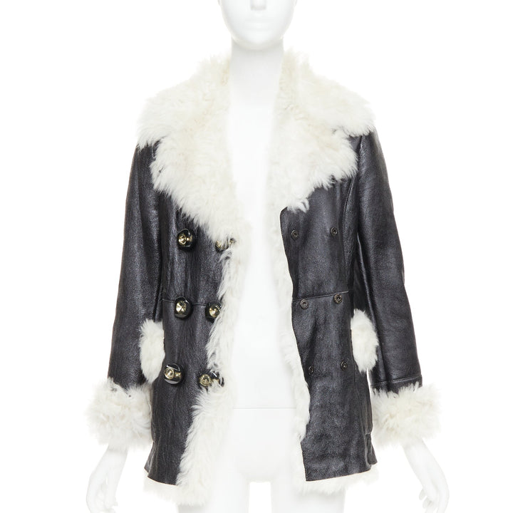 PRADA 2009 Vintage cream sheep fur black leather crystal buttons coat IT36 XXS