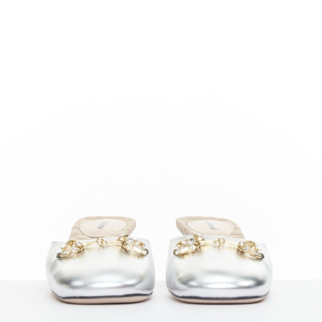 GUCCI silver metallic leather gold crystal horsebit buckle slipper heels EU37