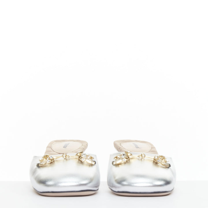 GUCCI silver metallic leather gold crystal horsebit buckle slipper heels EU37