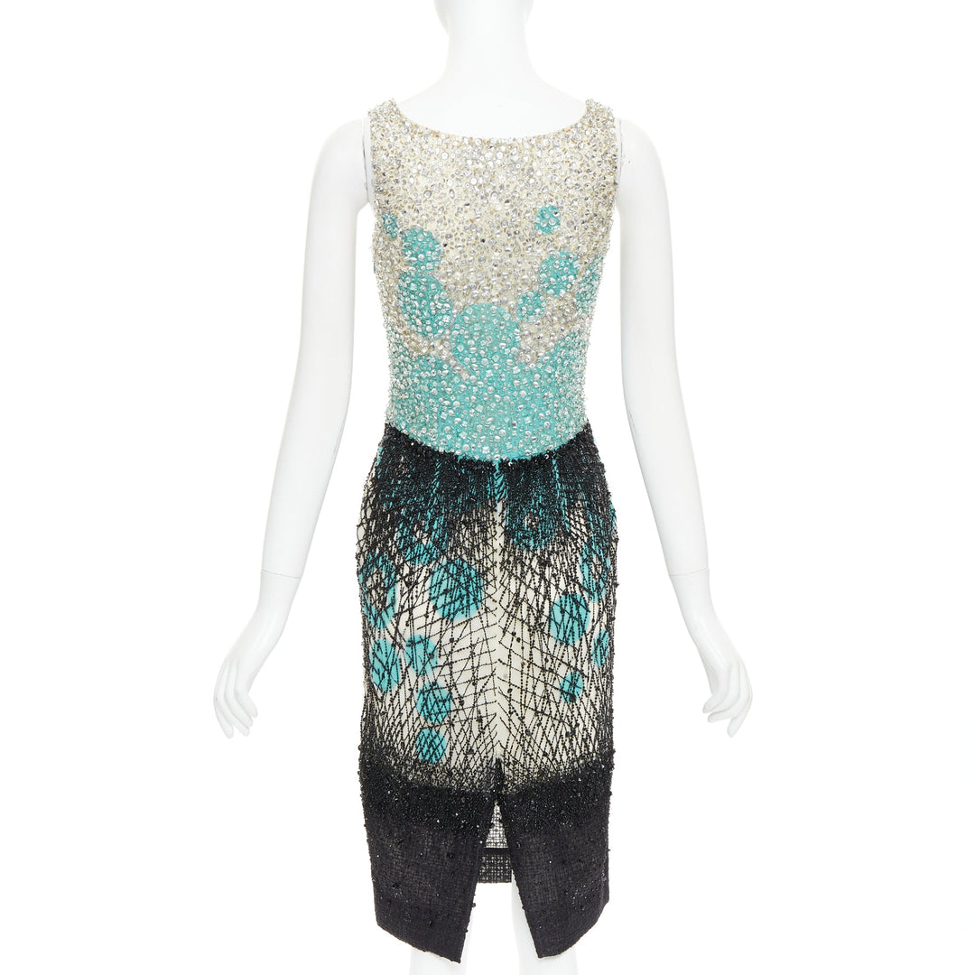 CAROLINA HERRERA teal green cream black silk fully beaded crystal dress US2 S