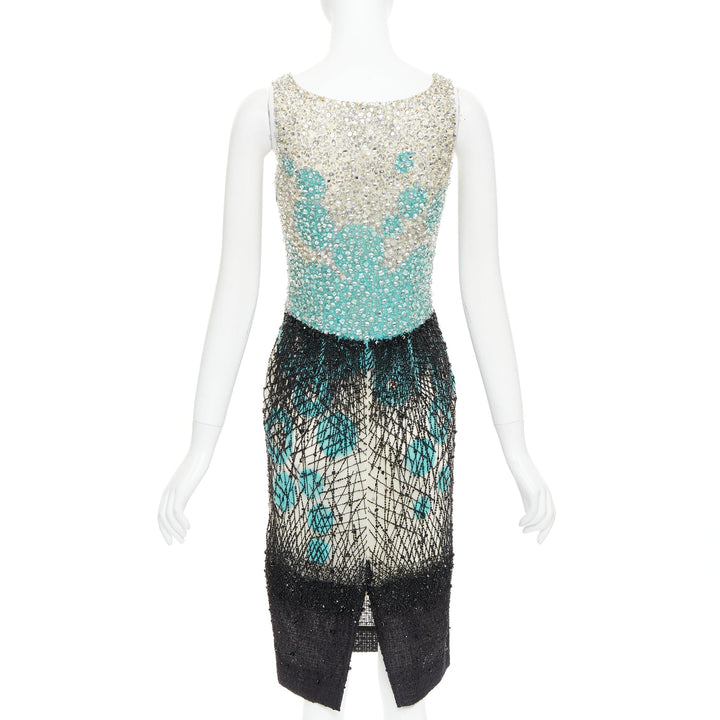 CAROLINA HERRERA teal green cream black silk fully beaded crystal dress US2 S